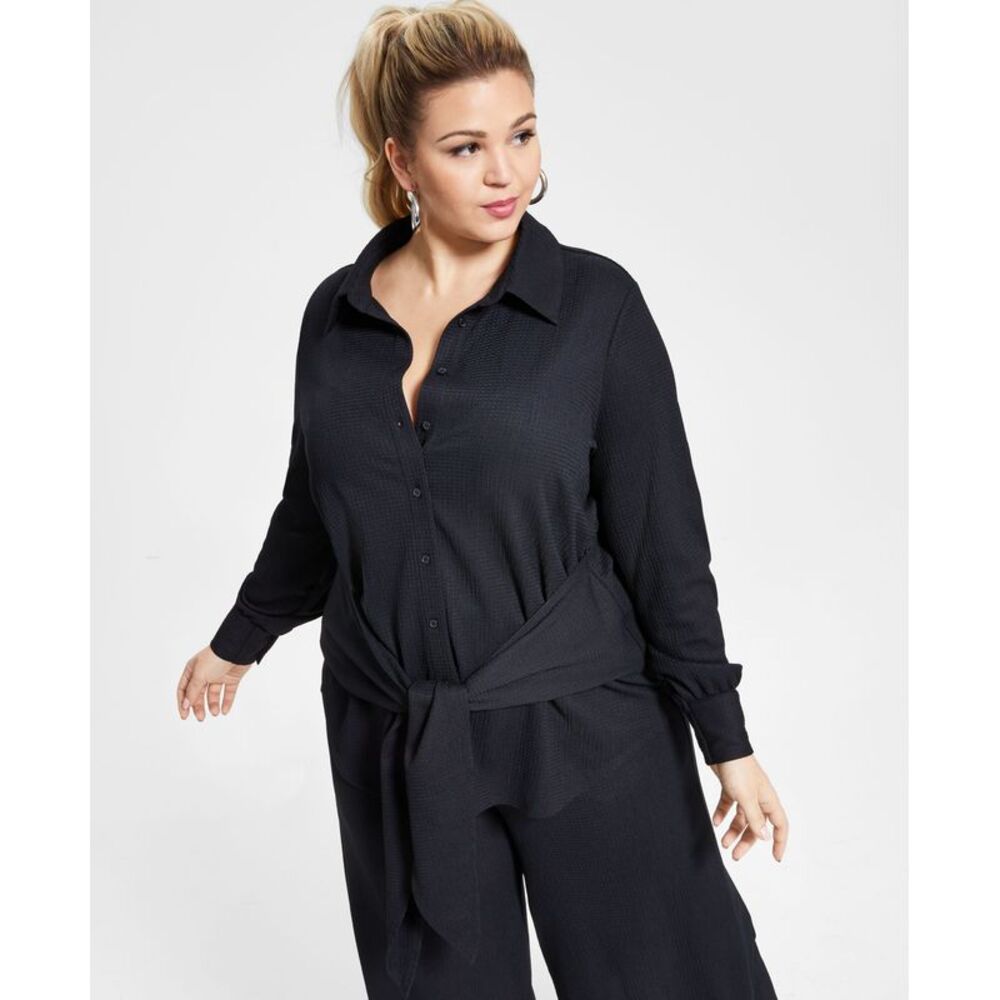 Nina Parker Trendy Plus Size Textured Knit Tie Front Tunic